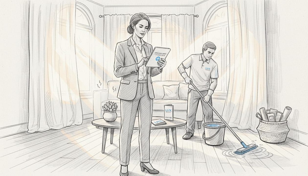 Agent and cleaner prepping LA home foyer