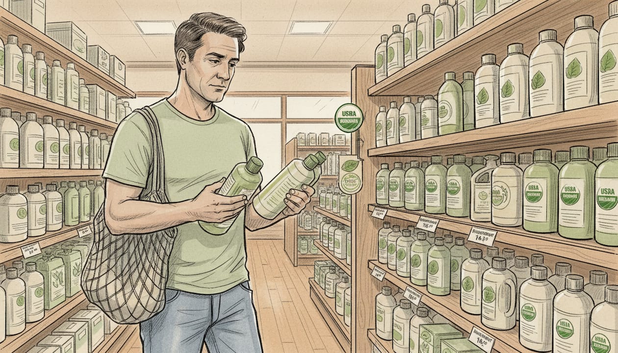 Man comparing cleaning product ingredients
