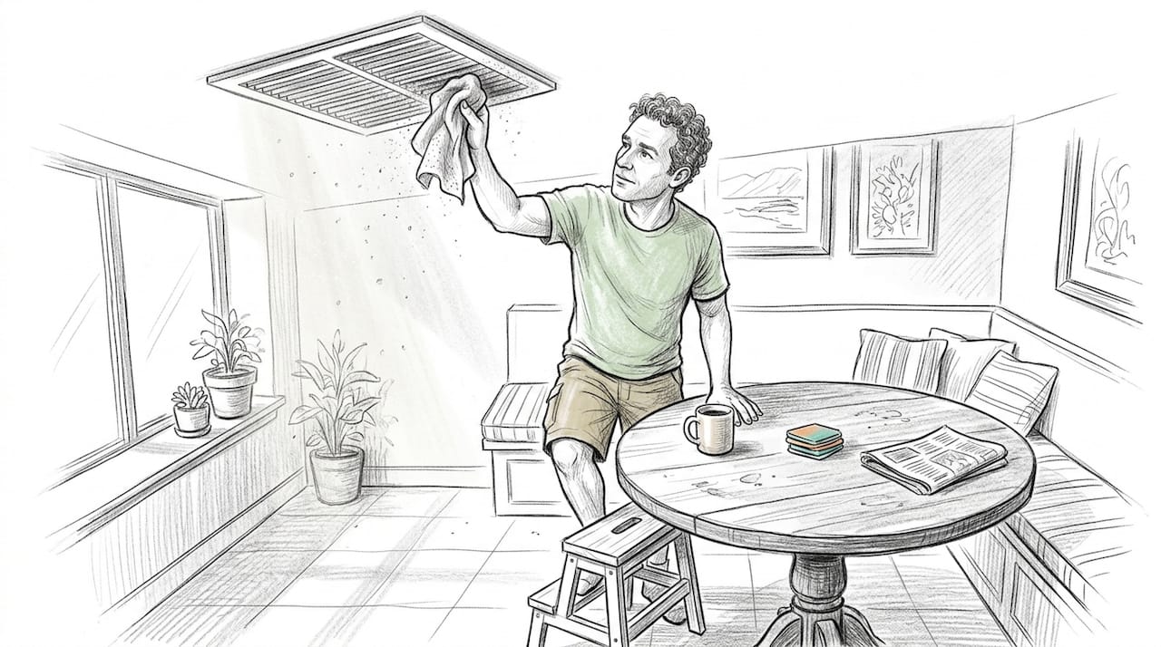 Homeowner wiping dust from ceiling vent