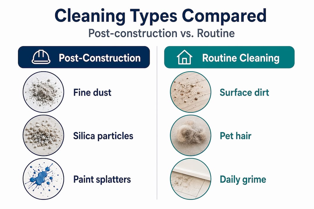 Infographic comparing post-construction and routine cleaning