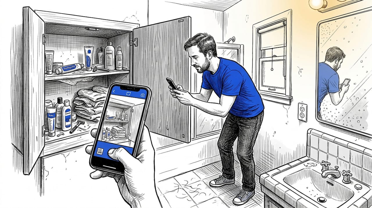 Renter taking photos of bathroom cabinet