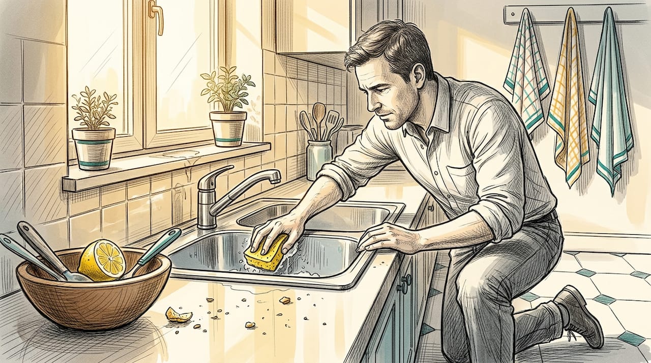 Man cleaning lived-in kitchen sink area