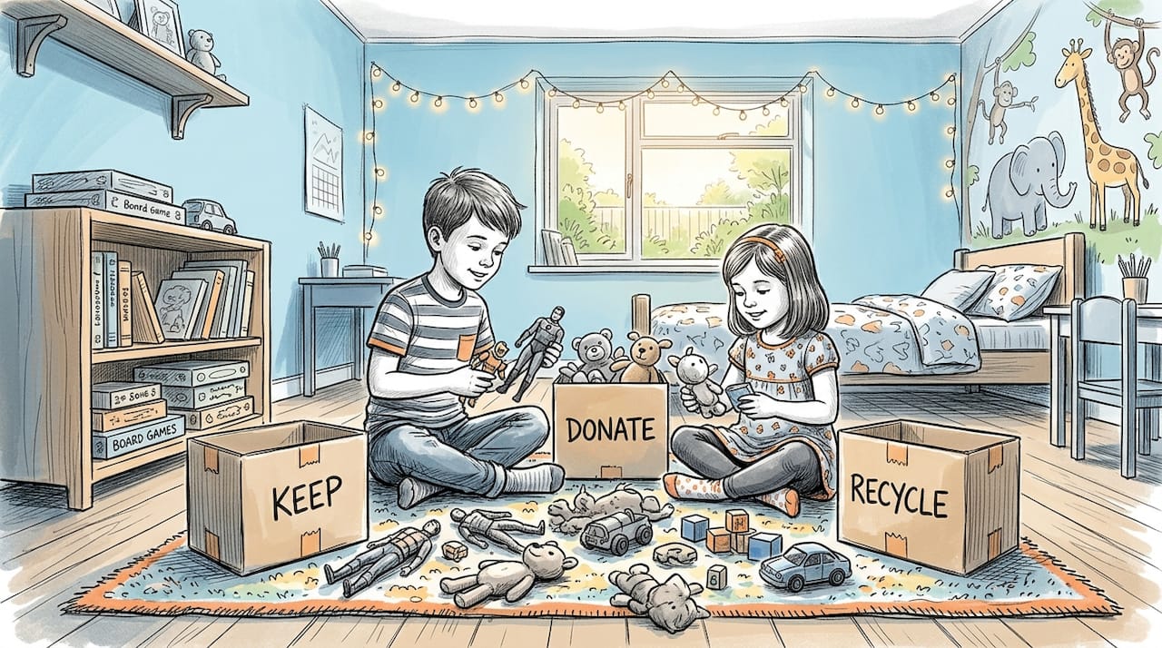 Children sorting toys into labeled boxes