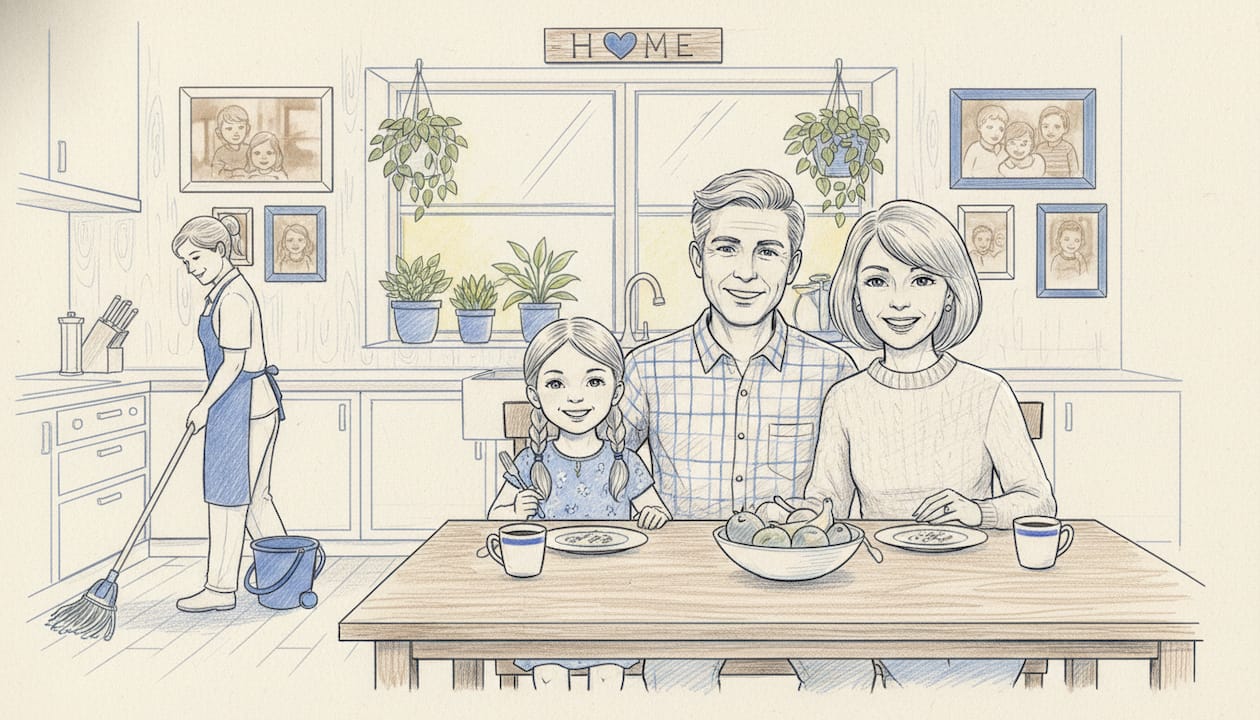 Family relaxing as cleaner works in background