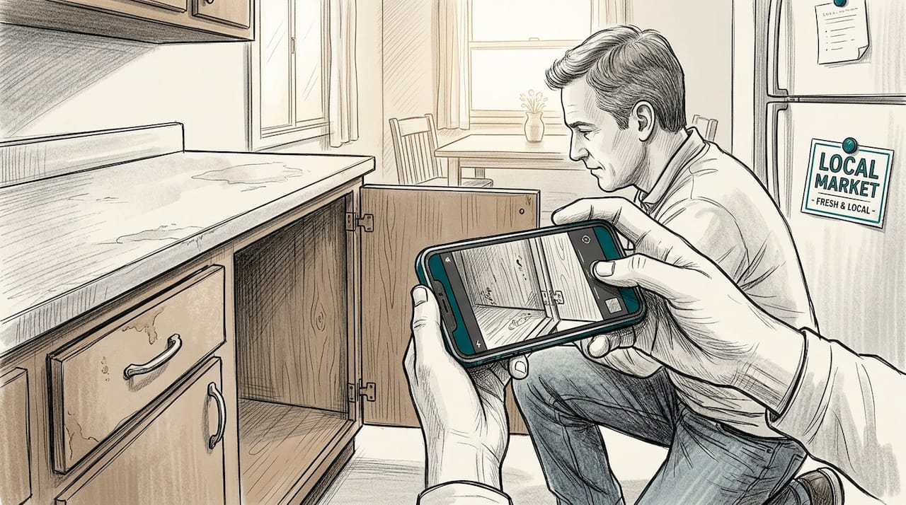 Man photographing kitchen cabinet for move-out records