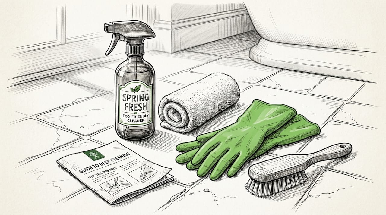 Spring cleaning tools laid out on floor