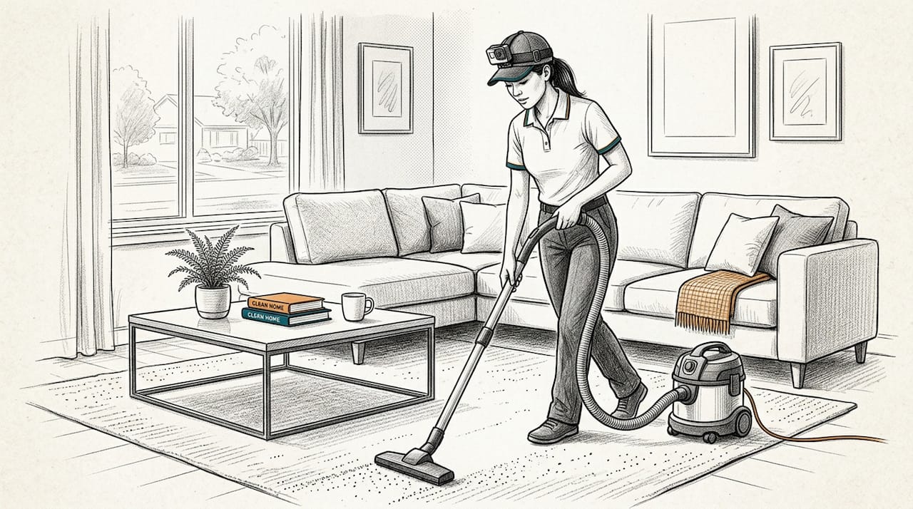 Cleaner wearing head-mounted camera at work