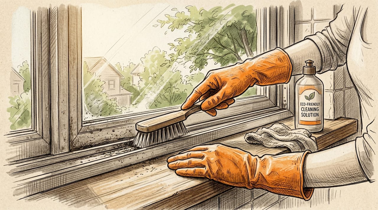 Hands cleaning window tracks with brush and gloves