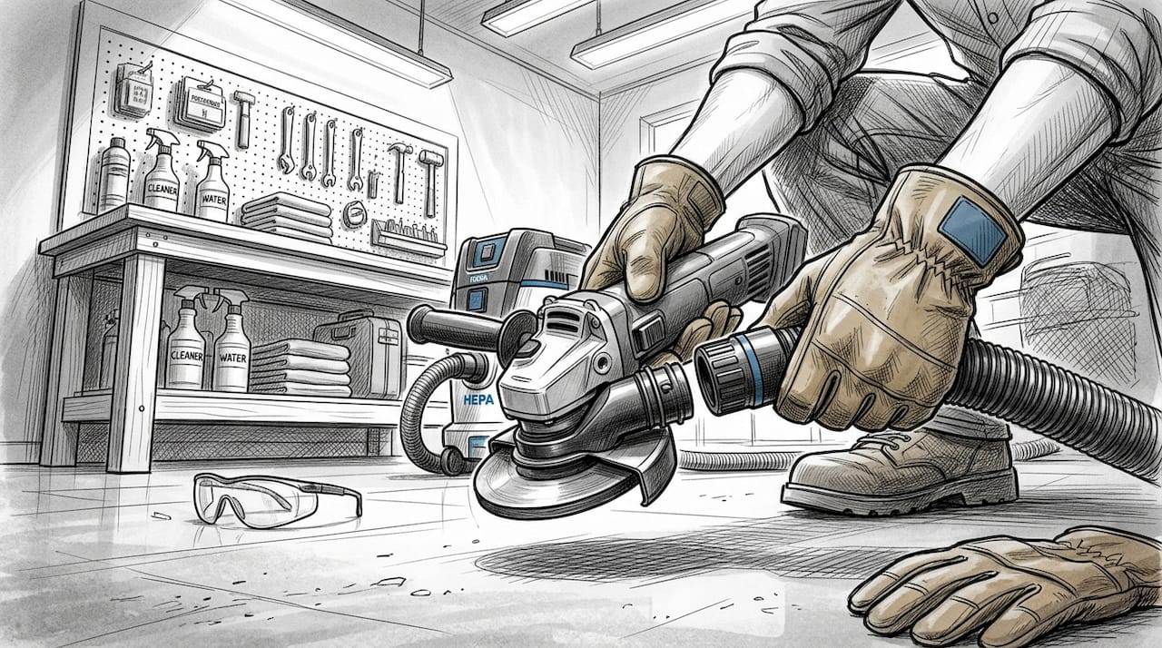 Hands connecting HEPA vacuum hose to grinder
