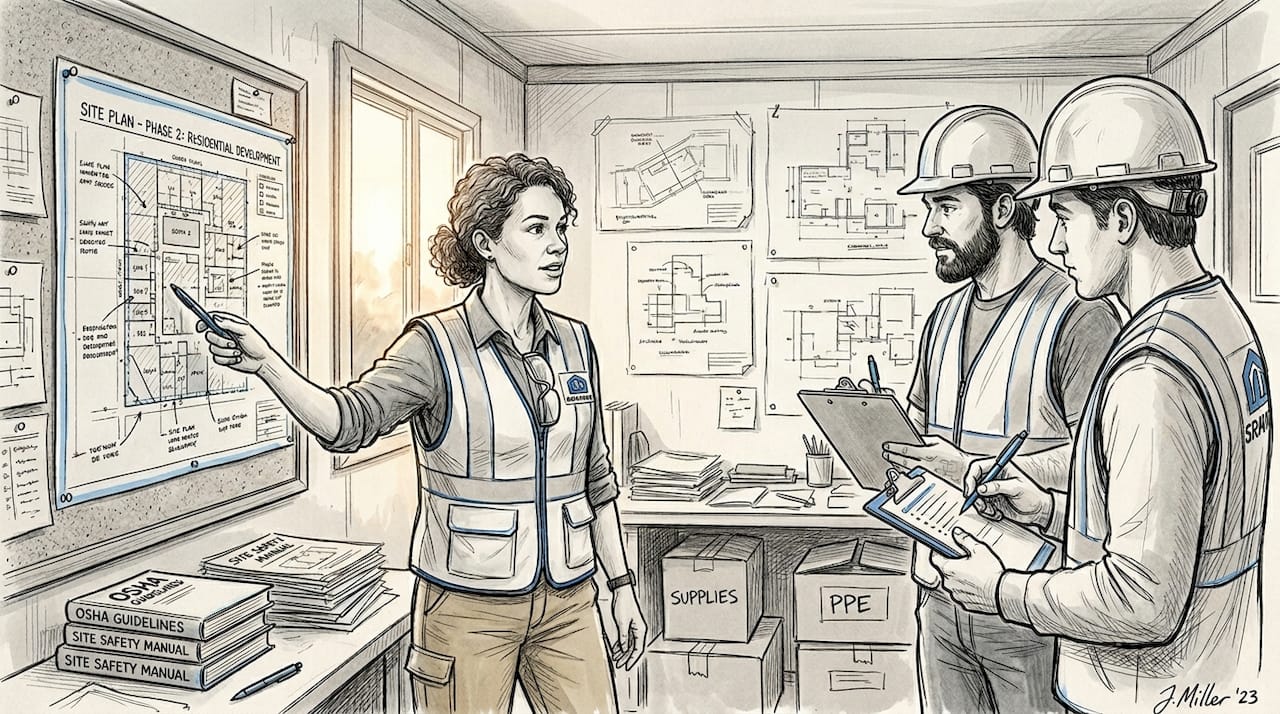 Supervisor assigning tasks at construction site plan
