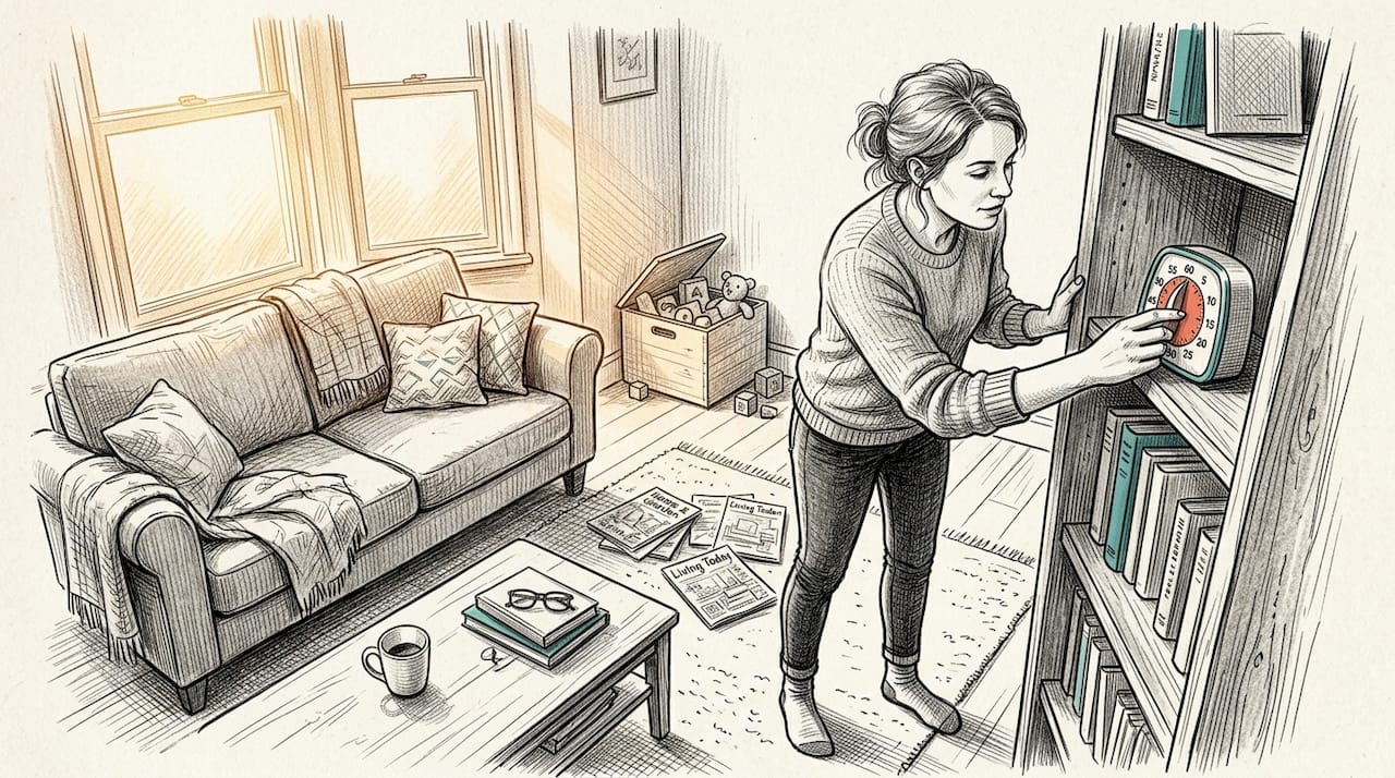 Woman setting timer while tidying living room