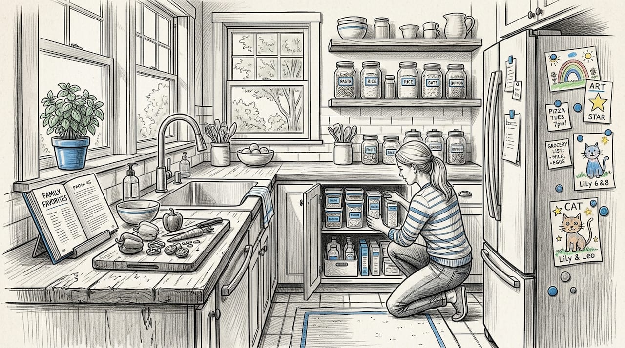 Woman organizing containers in family kitchen