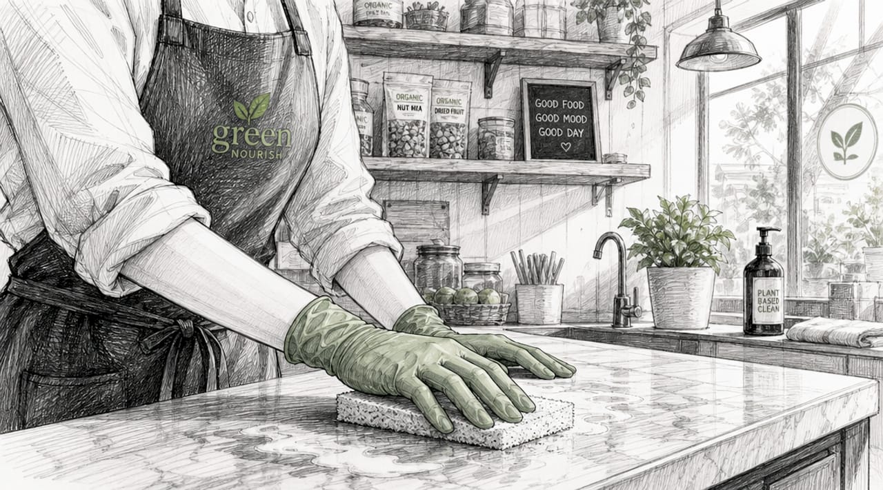 Hands cleaning rental kitchen countertop before disinfecting