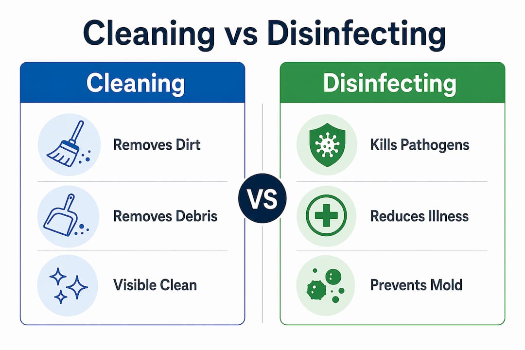 Infographic contrasting cleaning and disinfecting in rentals