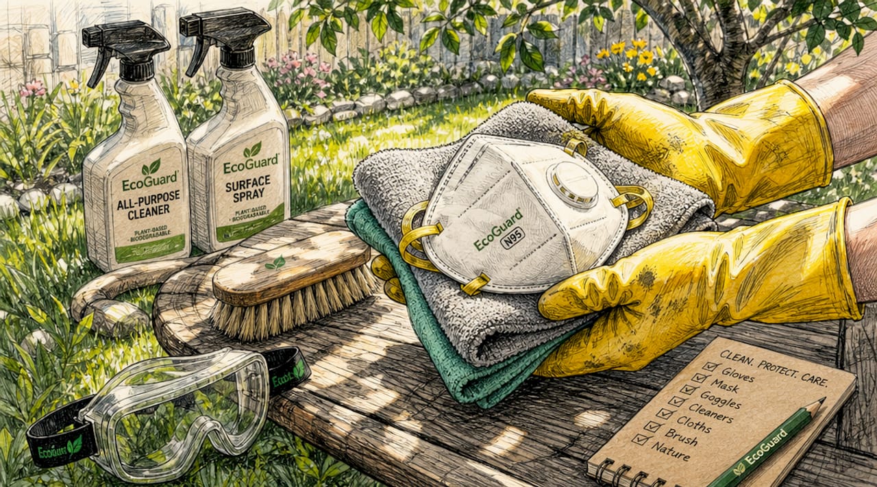 Hands holding gloves, cloths, and mask