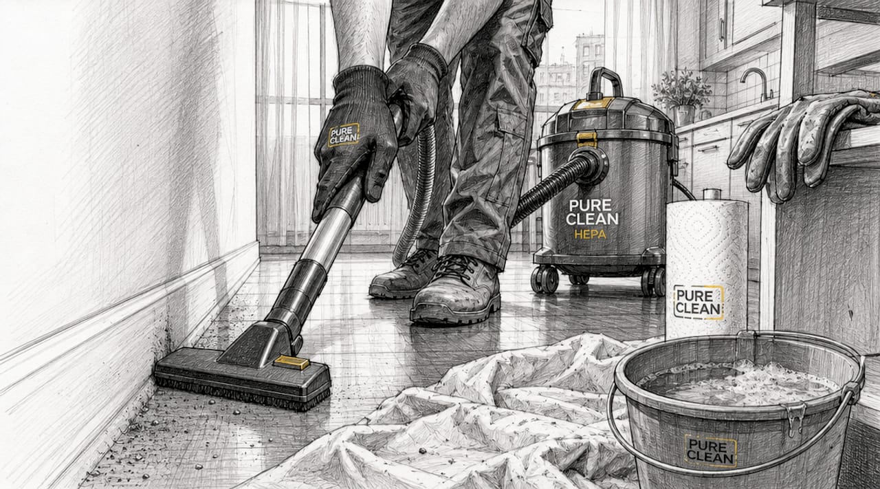 Hands using HEPA vacuum post-construction
