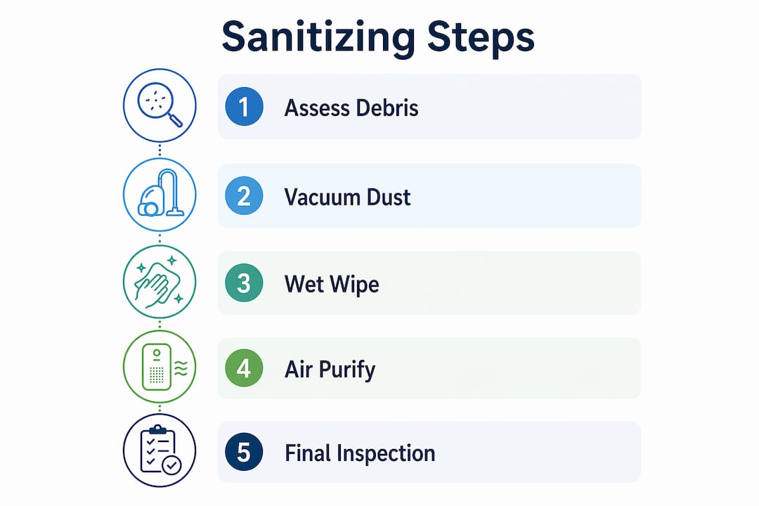 Infographic showing steps of post-construction sanitizing