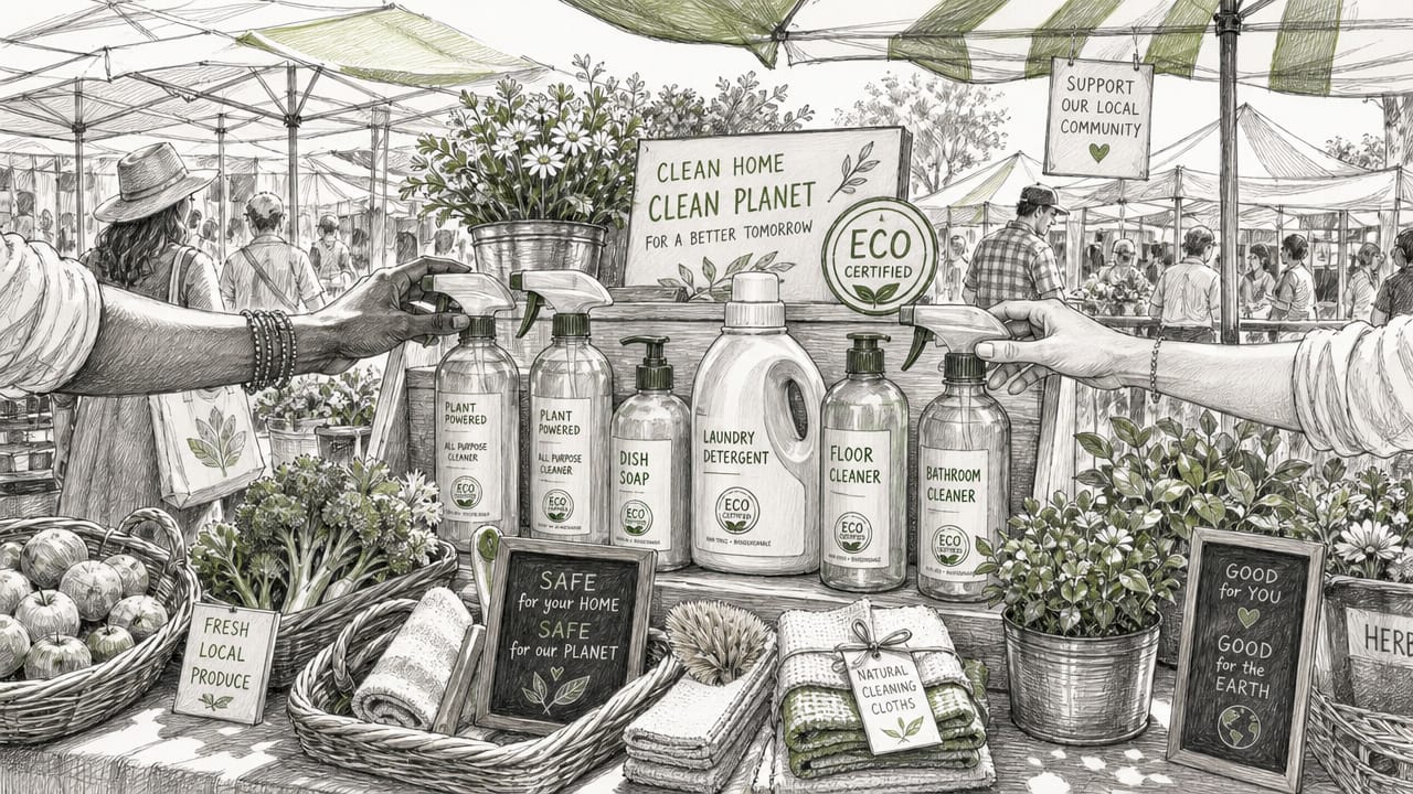 Hands selecting sustainable cleaning products from shelf