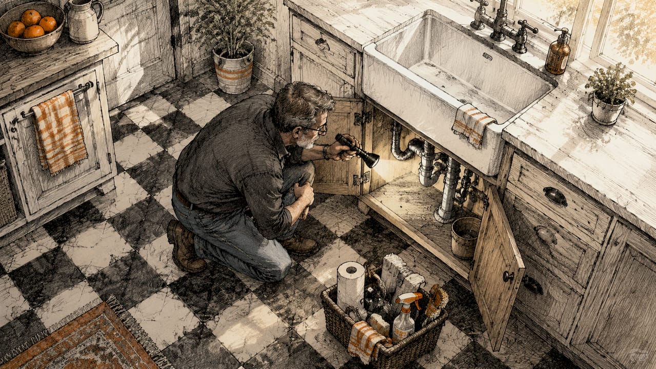 Home seller inspecting cleaned kitchen sink plumbing