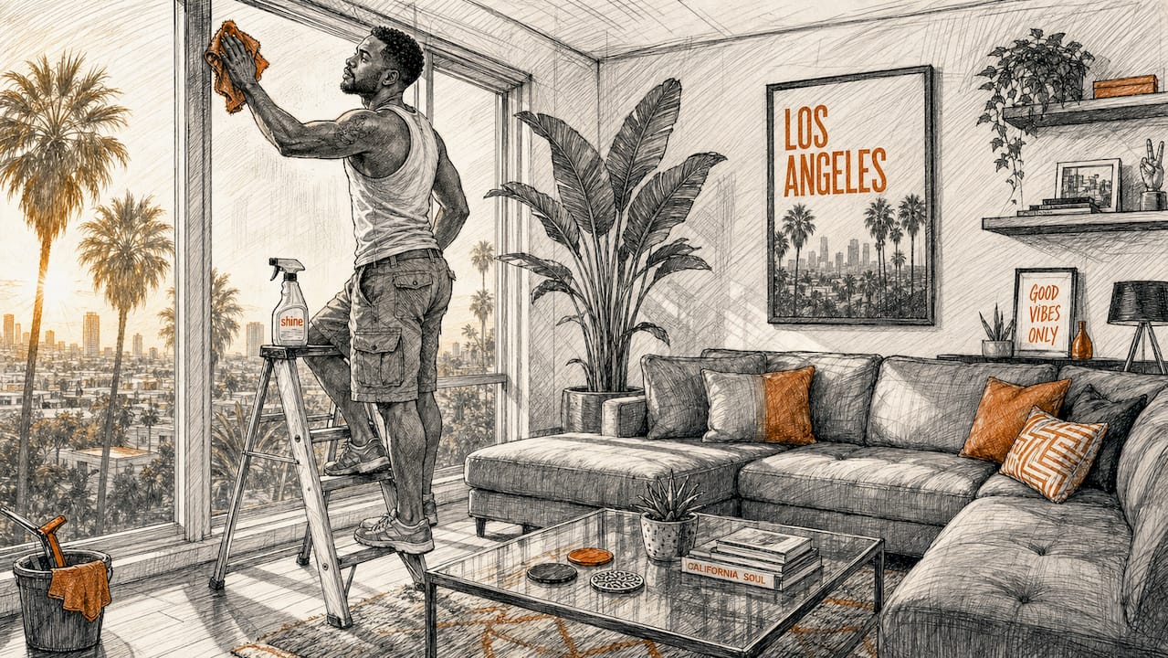 Man dusting ceiling fan in rental living room