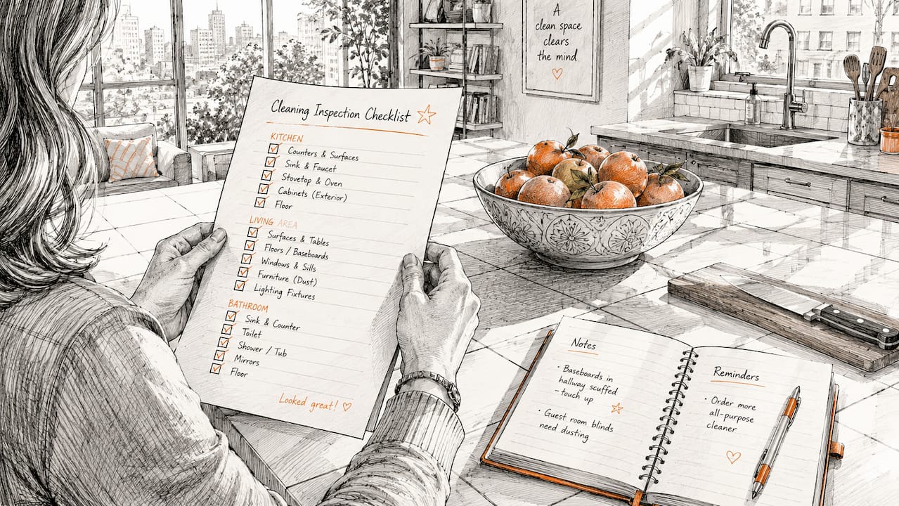 Hands marking cleaning checklist on table