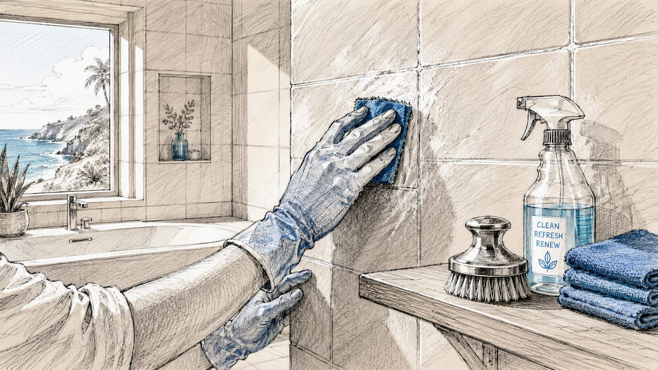 Hands cleaning grout residue from tile walls