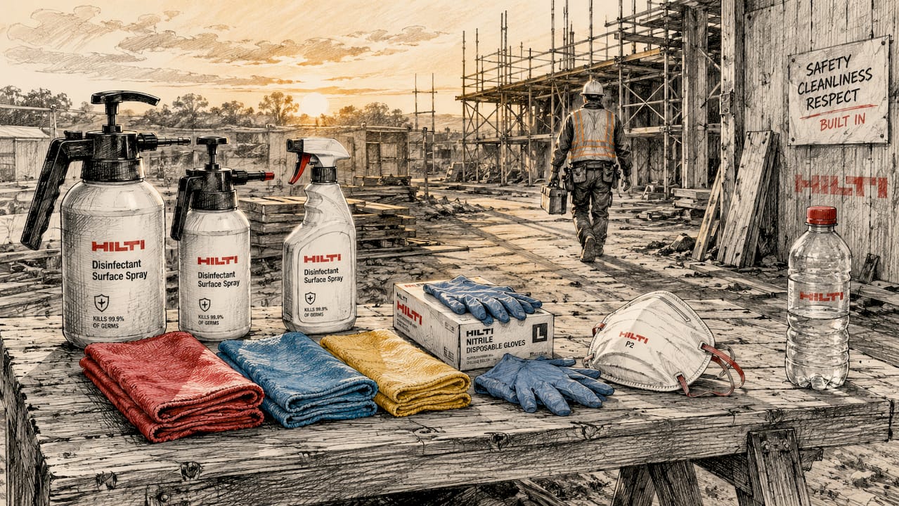Sanitation tools arranged on outdoor construction bench
