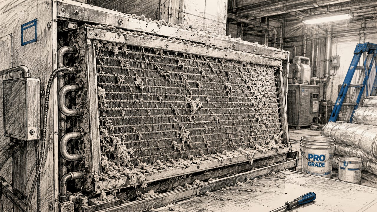 Dusty HVAC coil clogged with construction debris