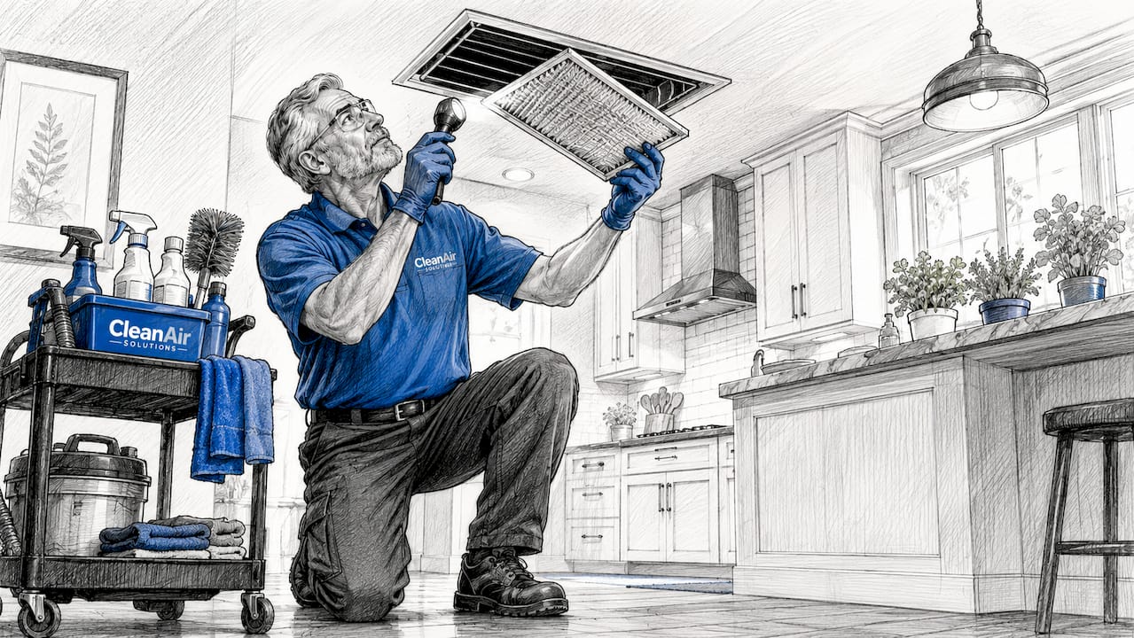 Cleaner inspecting HVAC vent for maintenance