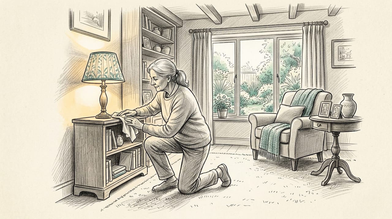 Elderly man cleaning dust indoors