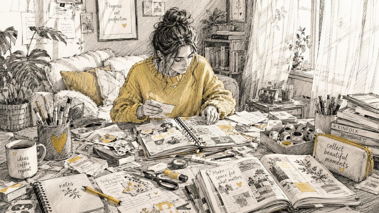 Hands organizing cluttered home desk