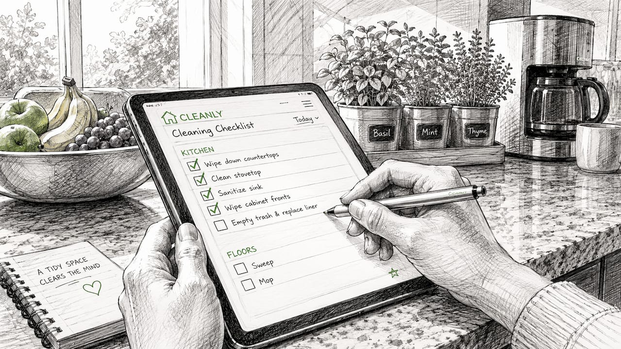Hands using tablet cleaning checklist app