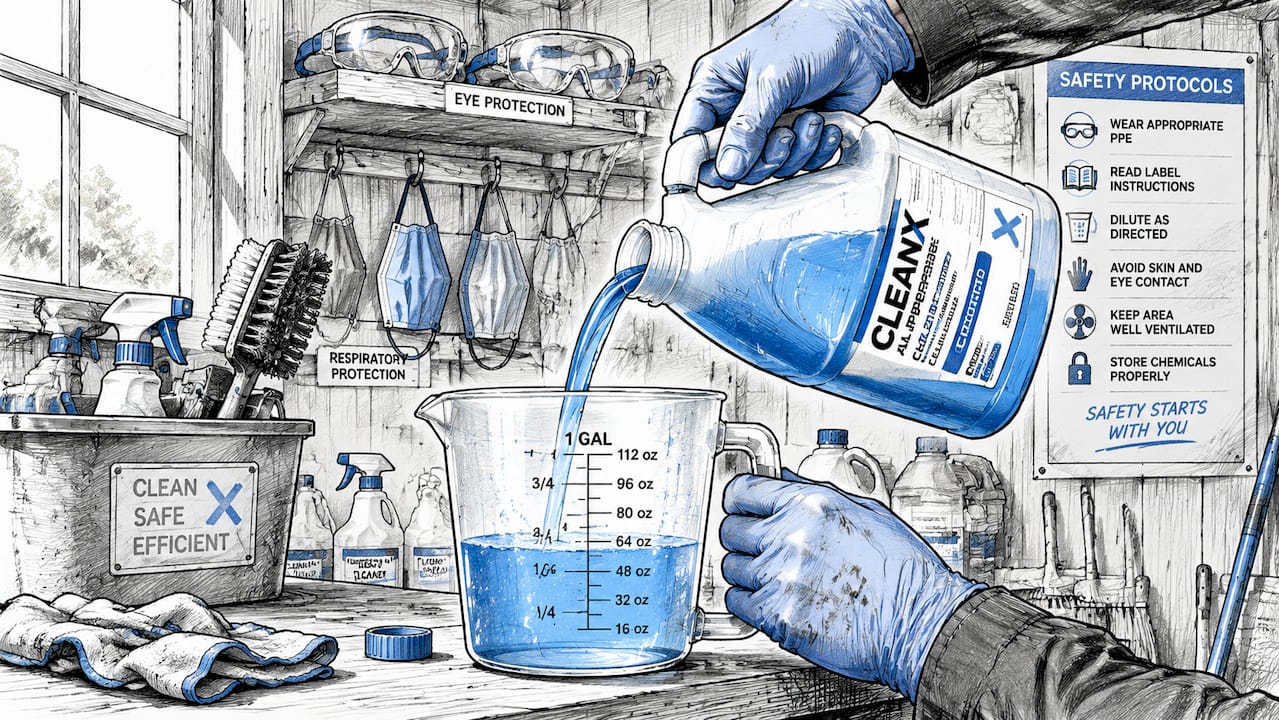 Hands handling cleaning chemicals with PPE gear