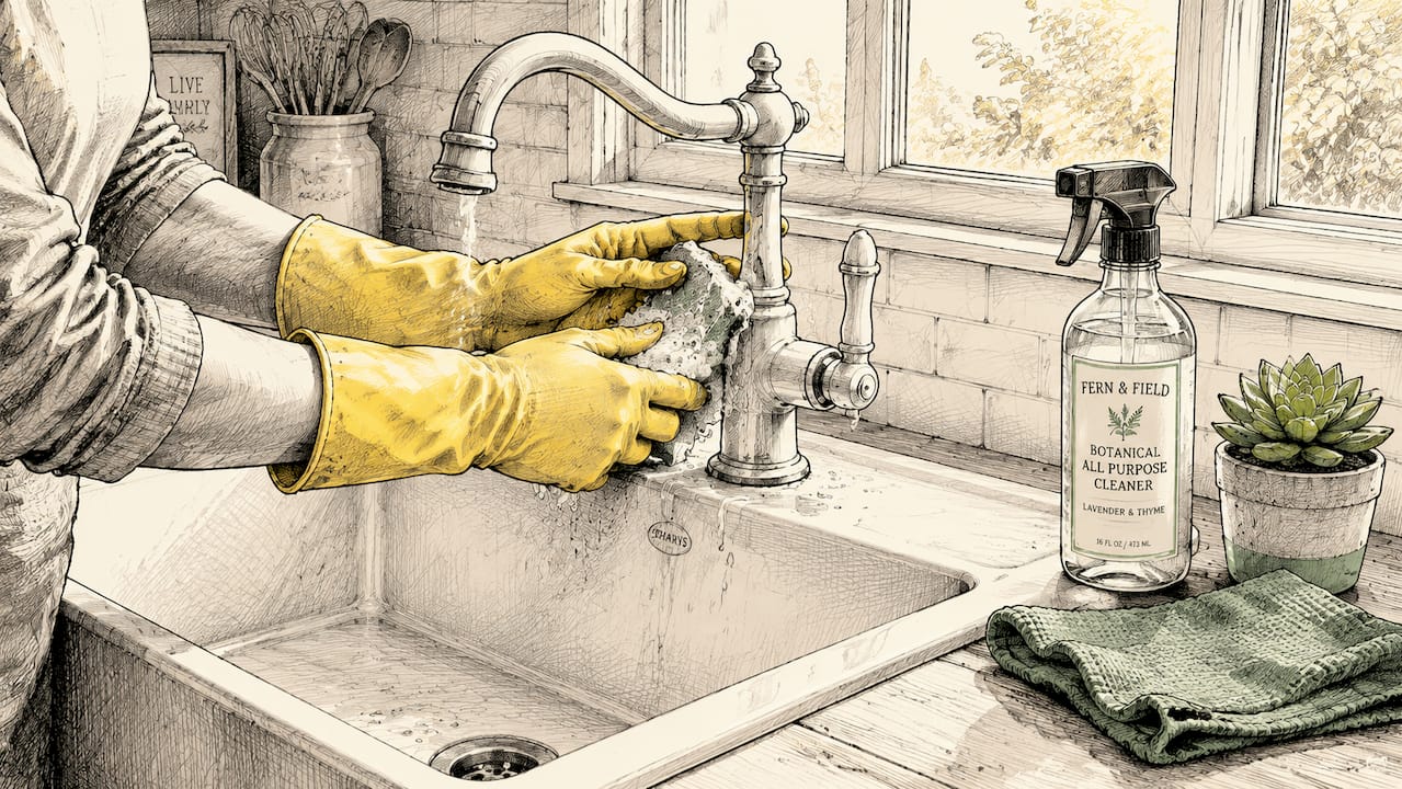 Hands scrubbing kitchen sink faucet in gloves