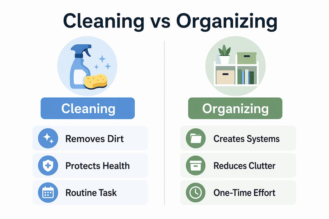 Infographic comparing cleaning and organizing key points