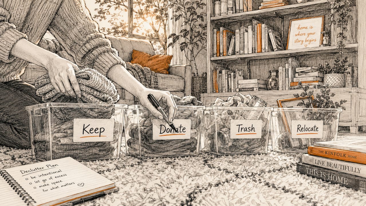 Hands sorting household items into labeled containers
