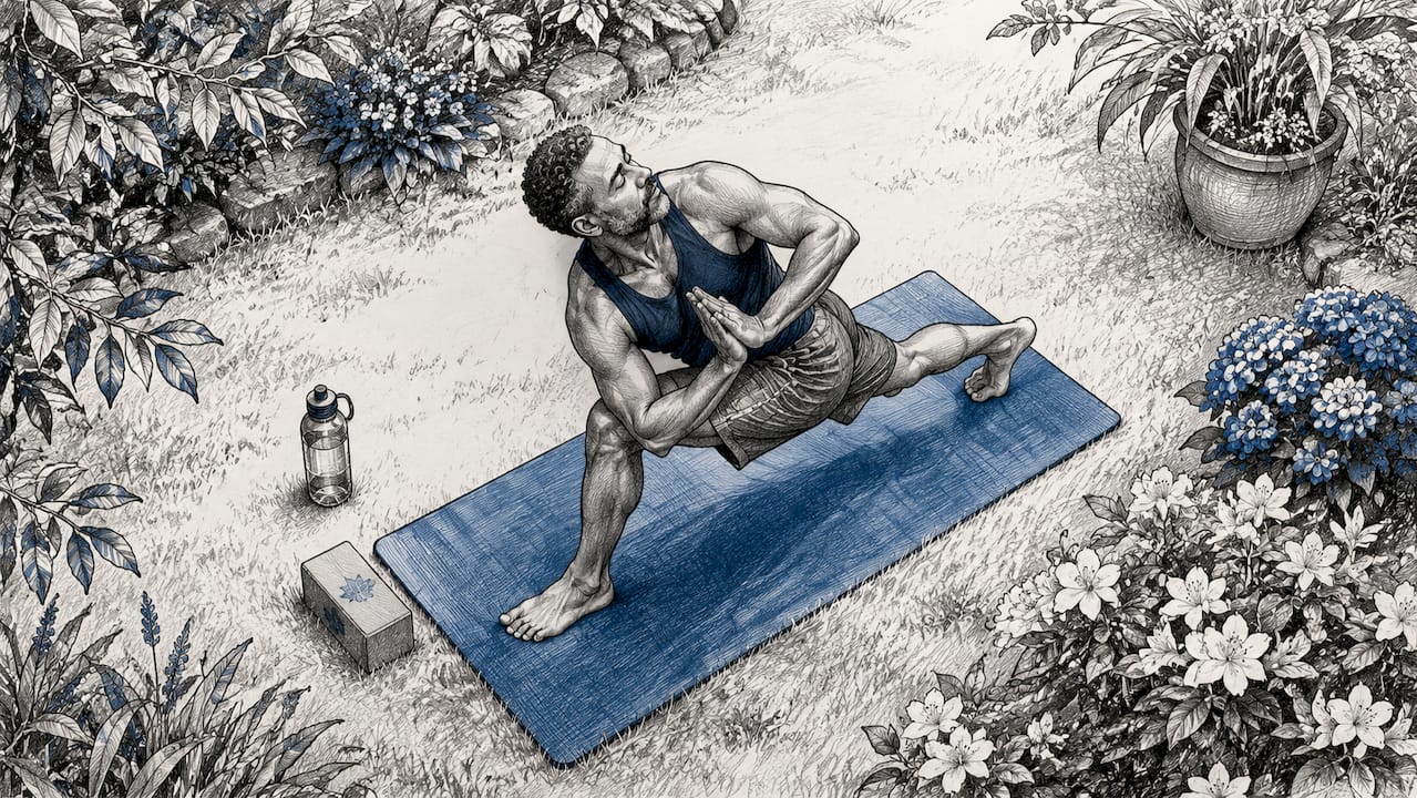 Man doing yoga stretch in home exercise room