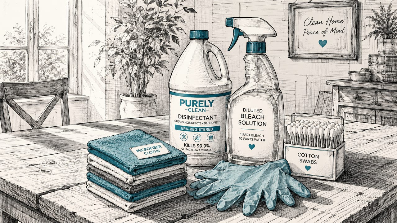 Cleaning tools and disinfectants on counter