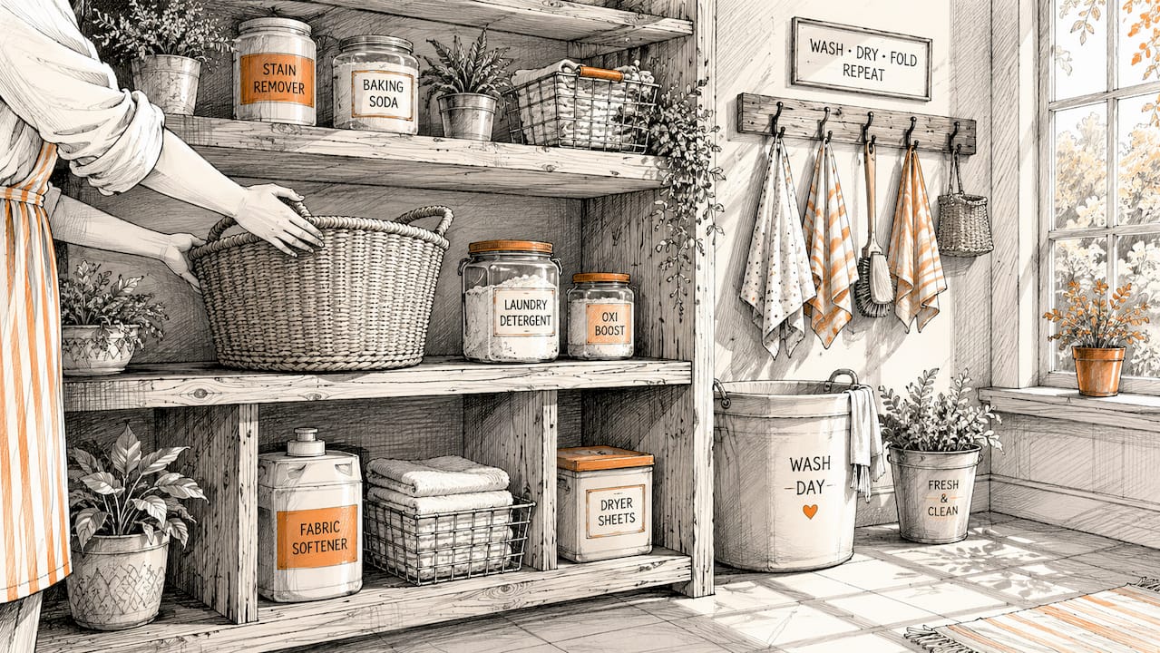 Storage shelves with laundry containers and basket