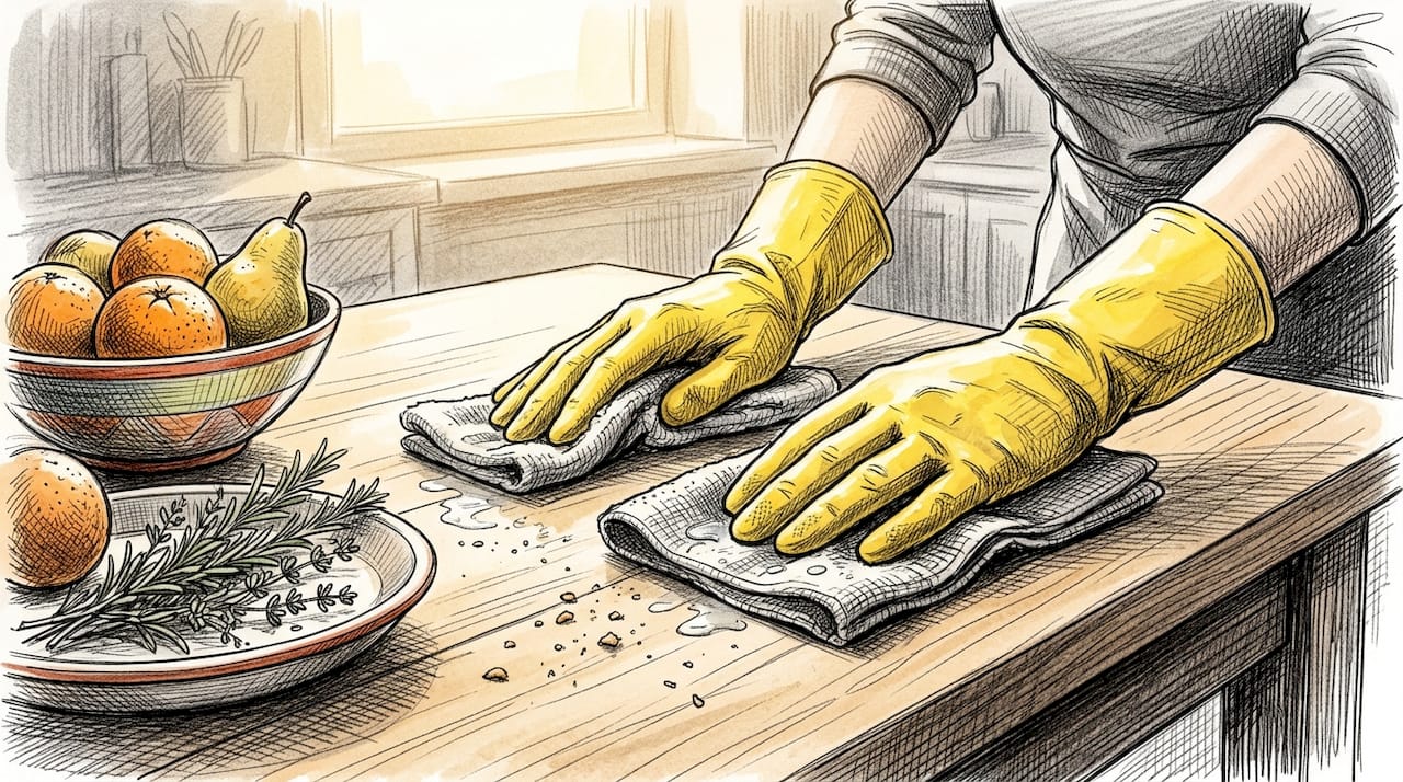 Hands wiping kitchen counter with microfiber cloth