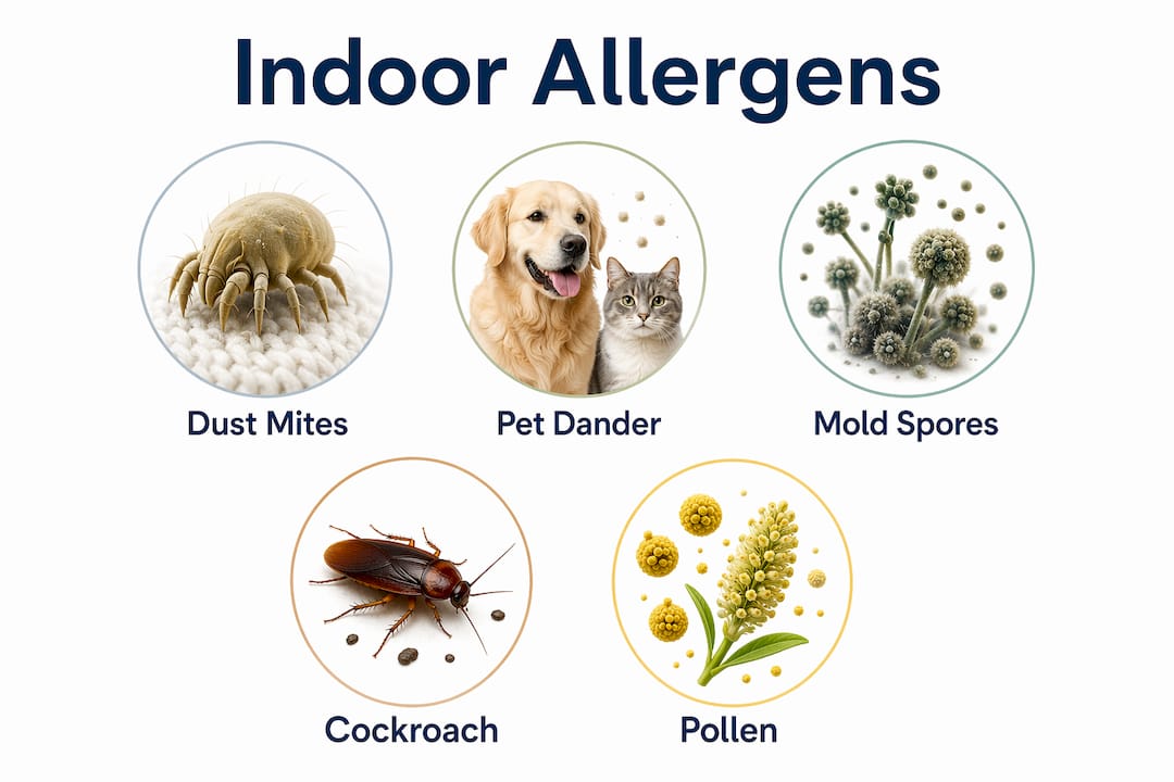 Vertical infographic showing common indoor allergens and behaviors