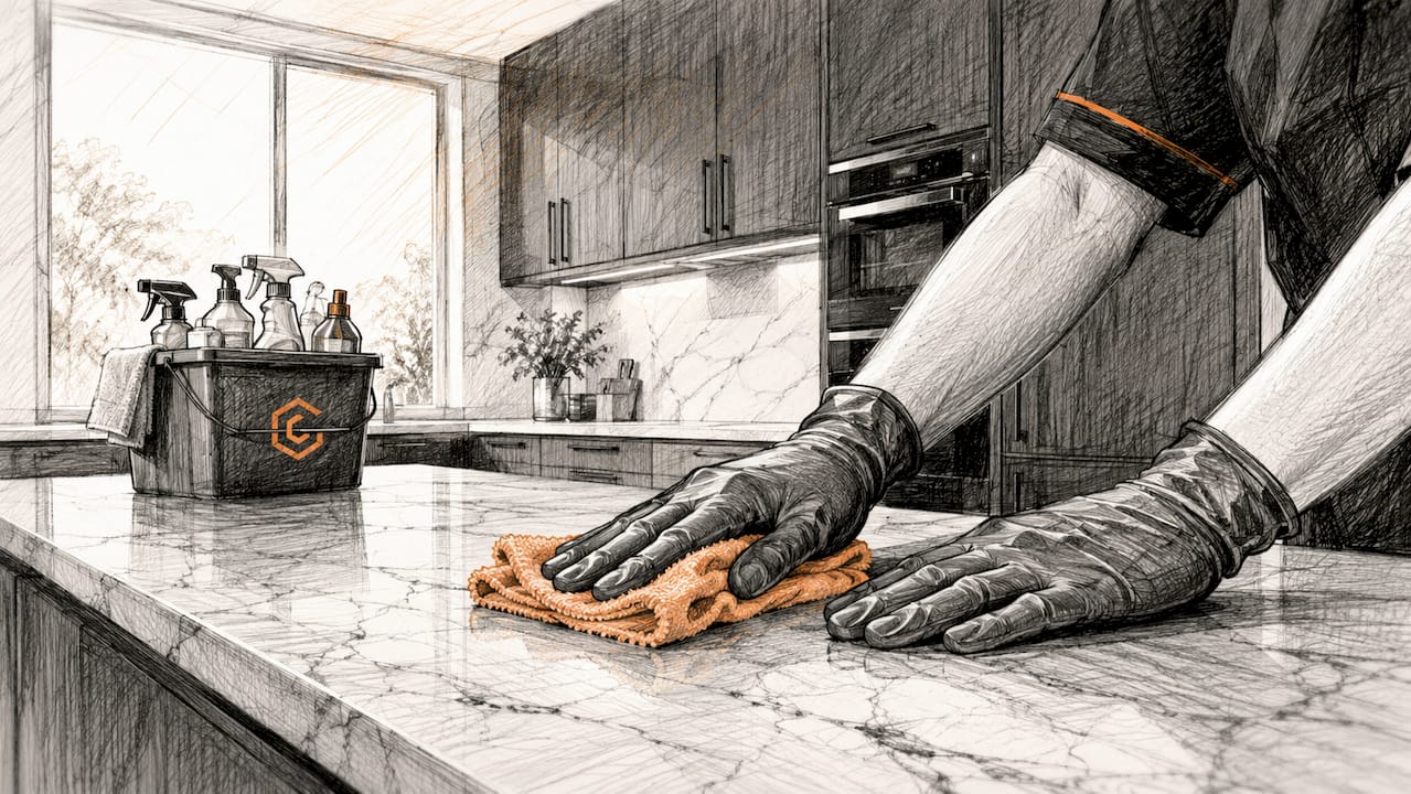Close-up of hands performing detail cleaning on kitchen surface