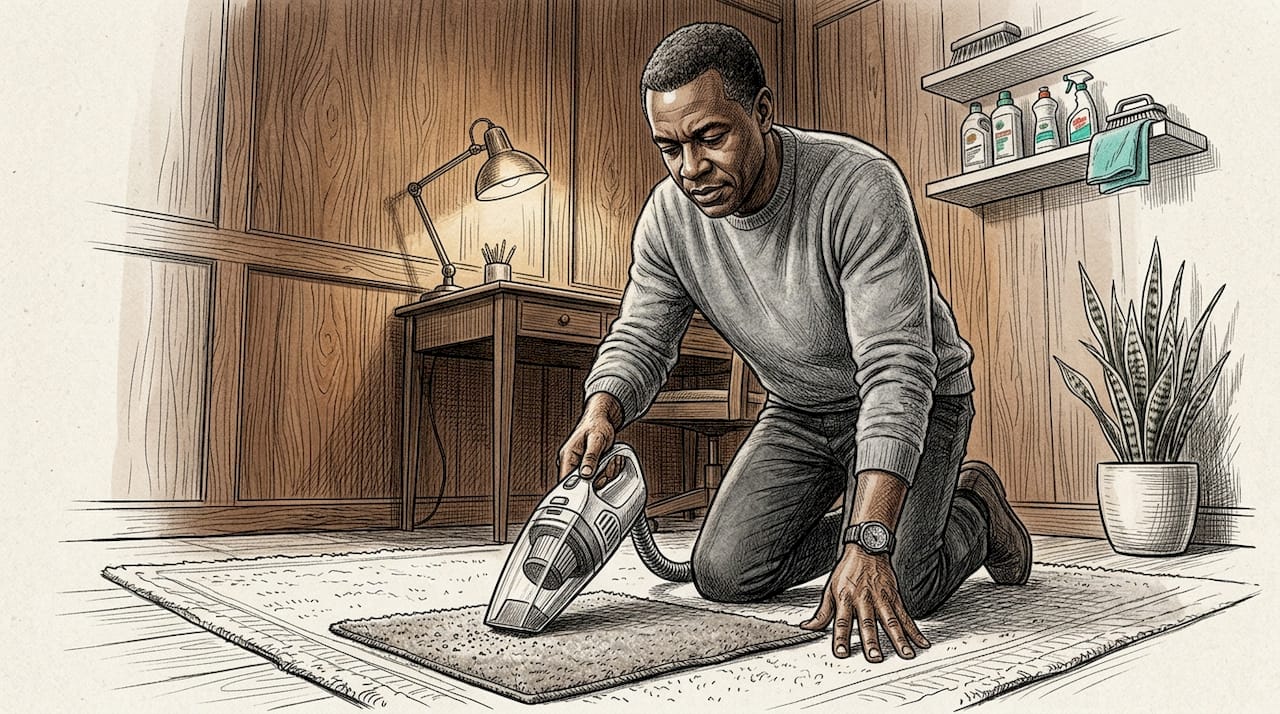 Man vacuuming carpet fibers to remove grit