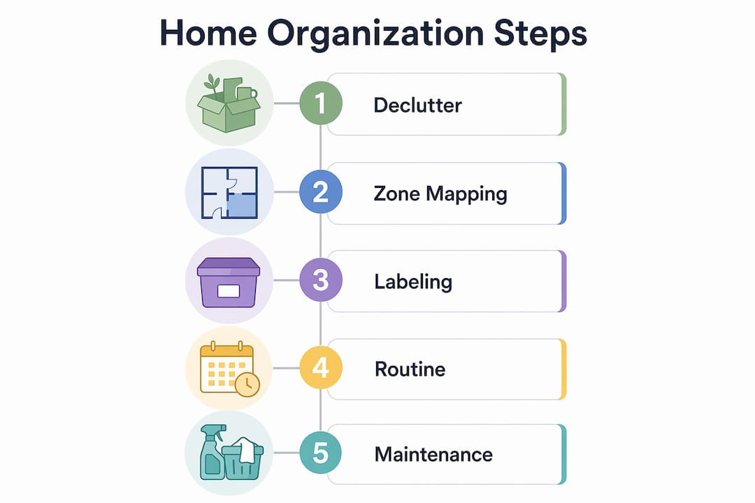 Infographic illustrating home organization steps