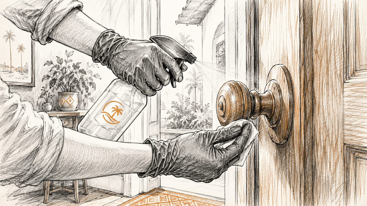 Hands spraying disinfectant on doorknob