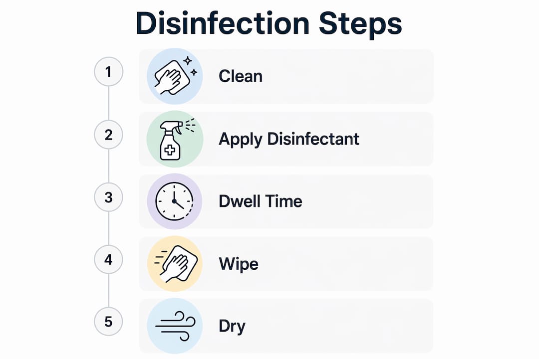 Infographic showing 5 steps for surface disinfection