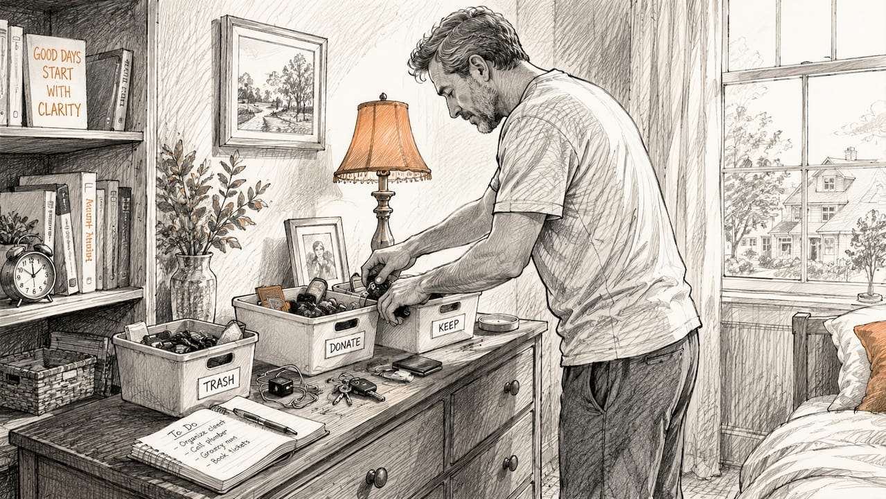 Man decluttering small bedroom dresser surface