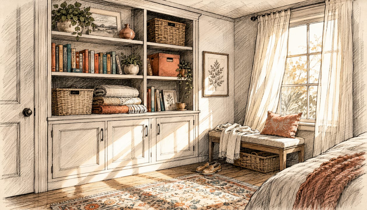 Organized bedroom storage shelves