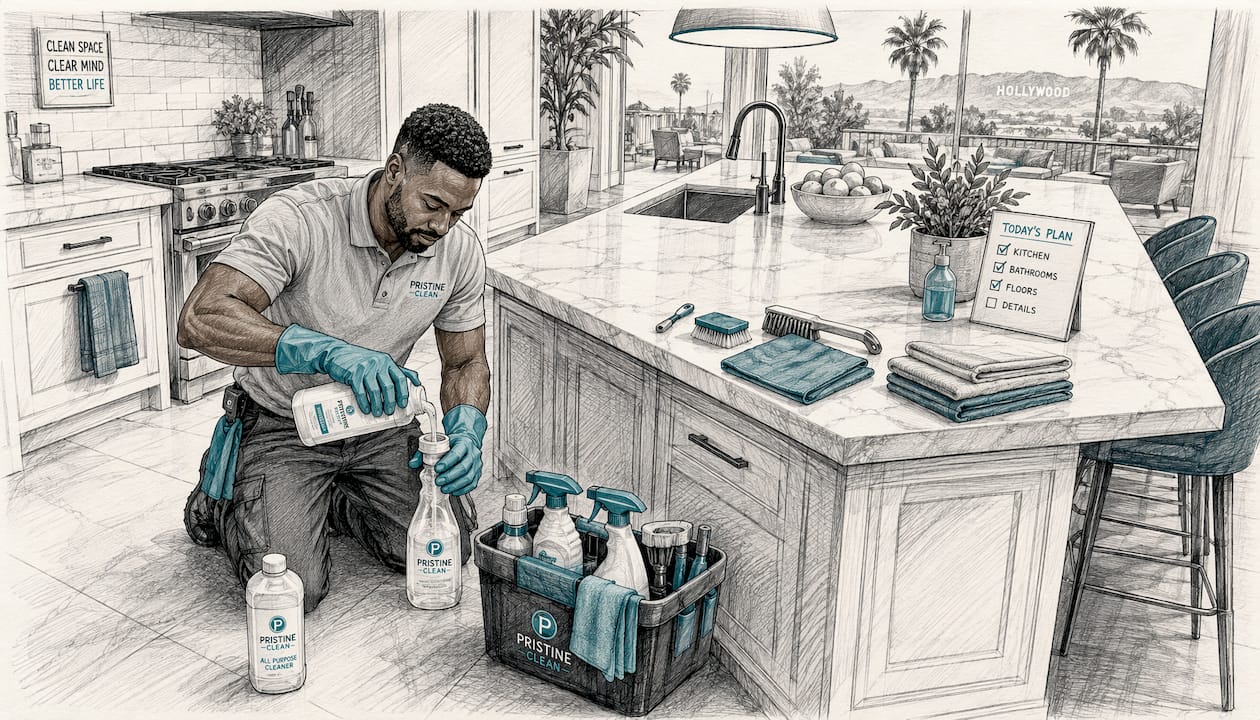 Professional cleaner arranging supplies in home bathroom