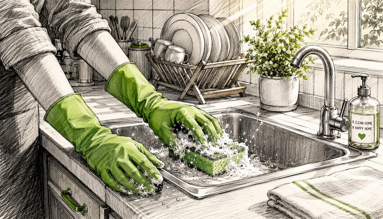 Hands scrubbing kitchen sink removing dirt